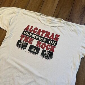 Vintage‎ Funny Graphic Tee Men's Large Alcatraz Olympics On The Rock